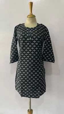 1Pc Women's Stitched Linen Block Printed Shirt Black Special thumbnail 3