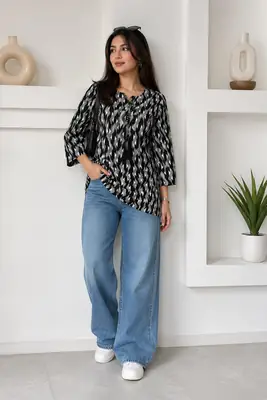 1Pc Women's Stitched Linen Block Printed Shirt Black Special