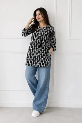 1Pc Women's Stitched Linen Block Printed Shirt Black Special thumbnail 2