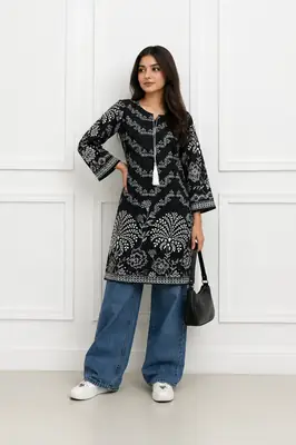 1Pc Women's Stitched Linen Block Printed Shirt Black Special