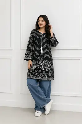 1Pc Women's Stitched Linen Block Printed Shirt Black Special thumbnail 2