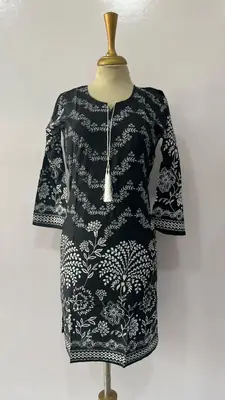 1Pc Women's Stitched Linen Block Printed Shirt Black Special thumbnail 3