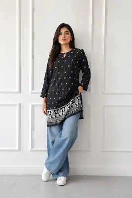 1Pc Women's Stitched Linen Block Printed Shirt Black Special