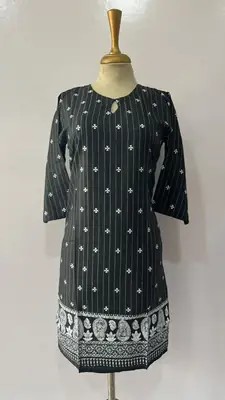 1Pc Women's Stitched Linen Block Printed Shirt Black Special thumbnail 3