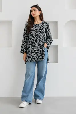 1Pc Women's Stitched Linen Block Printed Shirt Black Special
