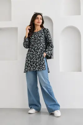 1Pc Women's Stitched Linen Block Printed Shirt Black Special thumbnail 2
