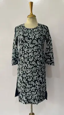 1Pc Women's Stitched Linen Block Printed Shirt Black Special thumbnail 3