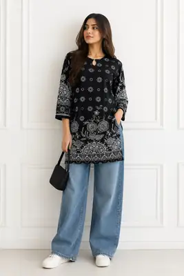 1Pc Women's Stitched Linen Block Printed Shirt Black Special