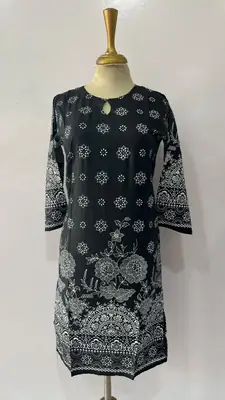 1Pc Women's Stitched Linen Block Printed Shirt Black Special thumbnail 3