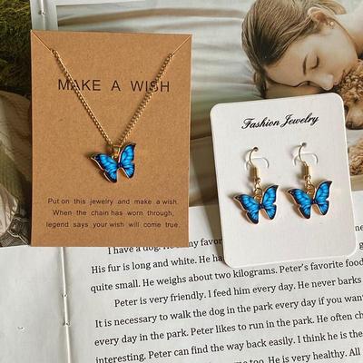 Blue Butterfly Jewelry Set for Women - Gold Plated, Lightweight, 3 Pcs