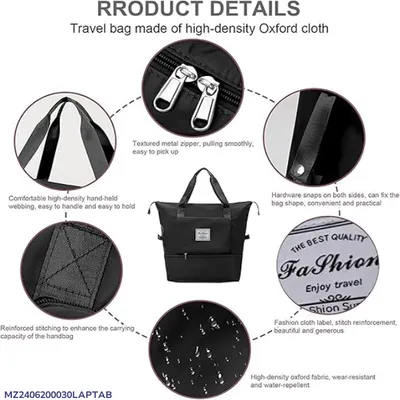Foldable Travel Bag Black Oxford Cloth Waterproof 15in