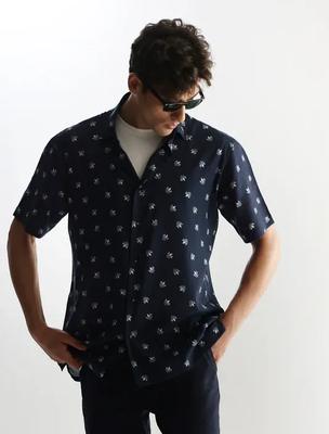 Men's Dark Blue Printed Short Sleeve Shirt