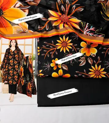 3 Pcs Fabric Lawn Unstitched Digital Print Suit for Women's thumbnail 4