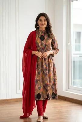 Pakistani Printed Kurta Set with Red Scarf & Pajama