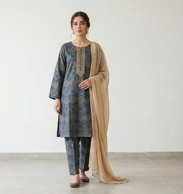 Turquoise Printed Linen 3-Piece Women Suit with Chiffon Dupatta thumbnail 2