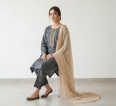 Turquoise Printed Linen 3-Piece Women Suit with Chiffon Dupatta thumbnail 3