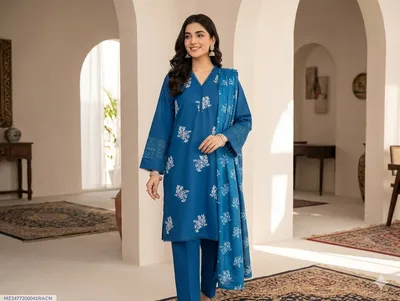 Stunning Women's Stitched Cotton Lawn Suit - 3 Pcs with Embroidered Round Neck - Blue