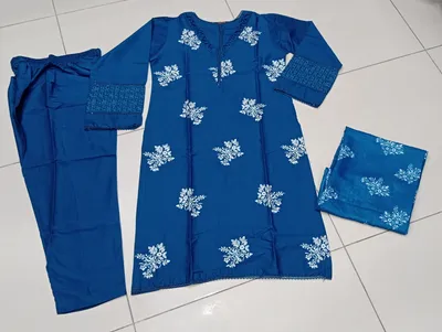Stunning Women's Stitched Cotton Lawn Suit - 3 Pcs with Embroidered Round Neck - Blue thumbnail 2