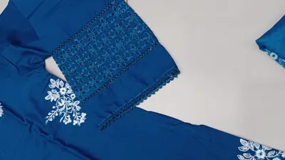 Stunning Women's Stitched Cotton Lawn Suit - 3 Pcs with Embroidered Round Neck - Blue thumbnail 3