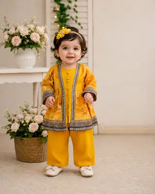 2 Pcs Girl's Lawn Printed Frock And Trouser Set