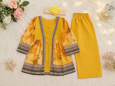 2 Pcs Girl's Lawn Printed Frock And Trouser Set thumbnail 2