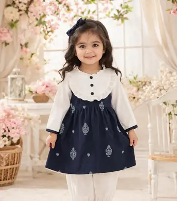 2 Pcs Girl's Lawn Printed Frock And Trouser Set