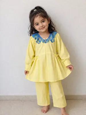 2 Pcs Girl's Lawn Plain Frock And Trouser Set