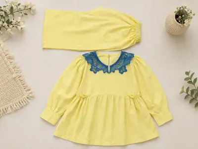 2 Pcs Girl's Lawn Plain Frock And Trouser Set thumbnail 2