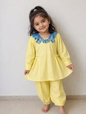 2 Pcs Girl's Lawn Plain Frock And Trouser Set thumbnail 3