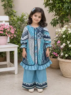 2 Pcs Girl's Lawn Printed Frock And Trouser Set