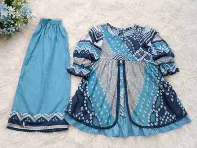 2 Pcs Girl's Lawn Printed Frock And Trouser Set thumbnail 2