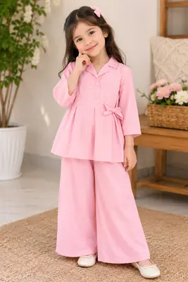 2 Pcs Girl's Lawn Plain Frock And Trouser Set