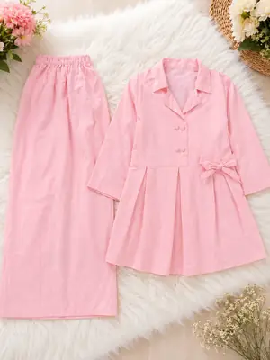 2 Pcs Girl's Lawn Plain Frock And Trouser Set thumbnail 3