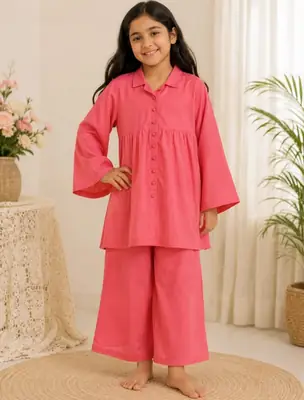 2 Pcs Girl's Lawn Plain Frock And Trouser Set