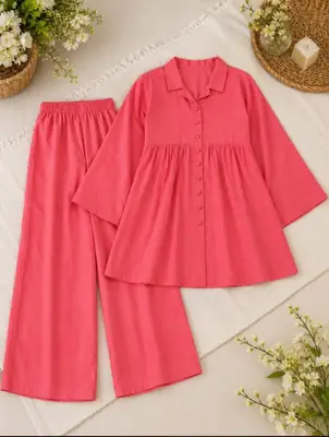 2 Pcs Girl's Lawn Plain Frock And Trouser Set thumbnail 2