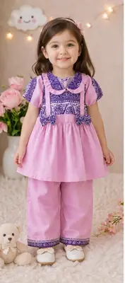 2 Pcs Girl's Lawn Plain Frock And Trouser Set