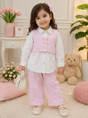 3 Pcs Girl's Lawn Plain Shirt And Trouser Set