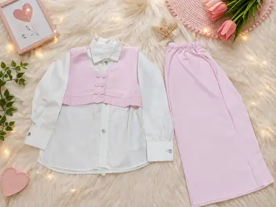 3 Pcs Girl's Lawn Plain Frock And Trouser Set thumbnail 2