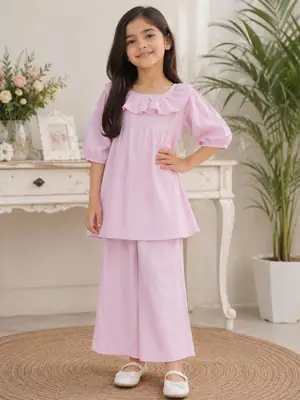 2 Pcs Girl's Lawn Plain Shirt And Trouser Suit