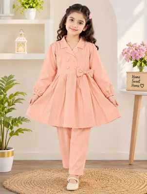 2 Pcs Girl's Lawn Plain Shirt And Trouser Suit