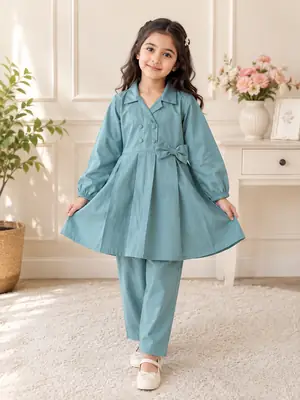 2 Pcs Girl's Lawn Plain Frock And Trouser Set