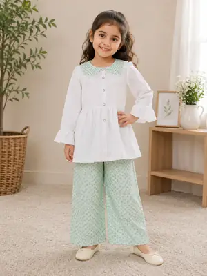 2 Pcs Girl's Cotton Printed Frock And Trouser Set
