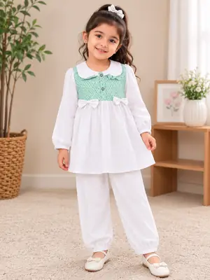 2 Pcs Girl's Cotton Printed Frock And Trouser Set