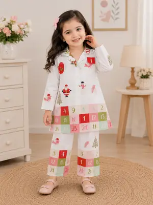 2 Pcs Girl's Cotton Printed Shirt And Trouser Suit