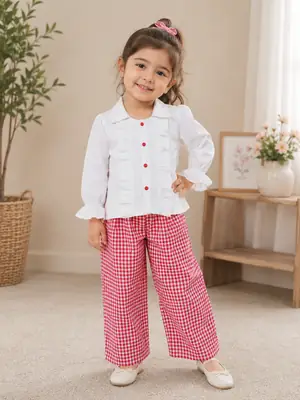 2 Pcs Girl's Cotton Printed Shirt And Trouser Suit