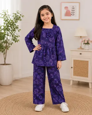 2 Pcs Girl's Cotton Printed Frock And Trouser Set