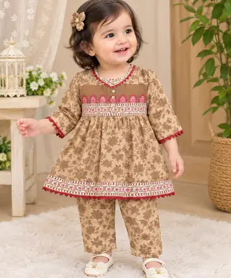2 Pcs Girl's Khaddar Printed Frock And Trouser Set