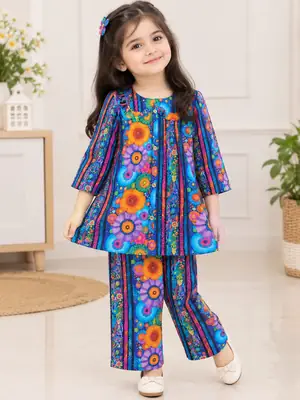 2 Pcs Girl's Cotton Printed Shirt And Trouser Suit