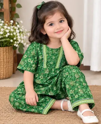 2 Pcs Girl's Khaddar Printed Frock And Trouser Set