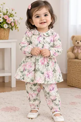 2 Pcs Girl's Khaddar Plain Frock And Trouser Set